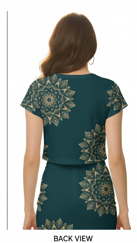 A repeating pattern of intricate gold mandala designs set against a deep teal background Crop Top