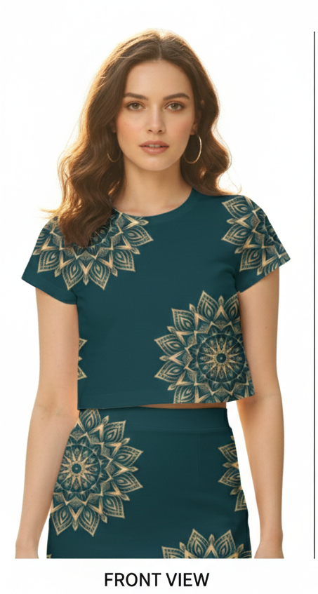 A repeating pattern of intricate gold mandala designs set against a deep teal background Crop Top