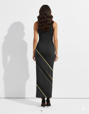 A sleek black sleeveless bodycon maxi dress highlighted with elegant diagonal gold accents for a bold, modern look.