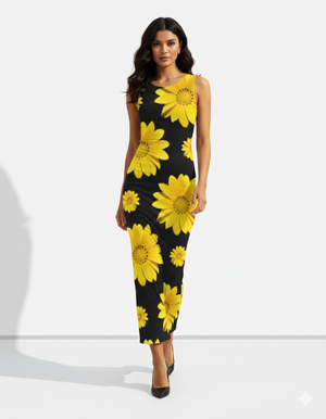 A striking sleeveless black bodycon maxi dress adorned with oversized bright yellow sunflower prints for a bold, vibrant statement.