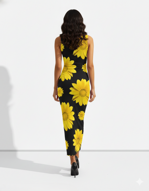 A striking sleeveless black bodycon maxi dress adorned with oversized bright yellow sunflower prints for a bold, vibrant statement.