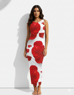 A sleeveless, bodycon white midi dress featuring bold oversized red floral prints with a sleek, elegant silhouette.