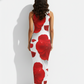 A sleeveless, bodycon white midi dress featuring bold oversized red floral prints with a sleek, elegant silhouette.