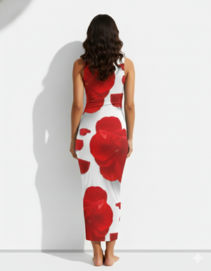 A sleeveless, bodycon white midi dress featuring bold oversized red floral prints with a sleek, elegant silhouette.