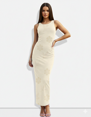A sleeveless beige bodycon maxi dress with delicate tonal floral and leaf patterns for a soft, understated, and elegant look.