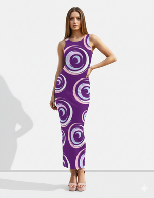 A sleeveless purple bodycon maxi dress featuring bold swirling circular patterns for a playful, modern, and eye-catching look.