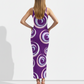 A sleeveless purple bodycon maxi dress featuring bold swirling circular patterns for a playful, modern, and eye-catching look.