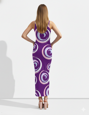 A sleeveless purple bodycon maxi dress featuring bold swirling circular patterns for a playful, modern, and eye-catching look.