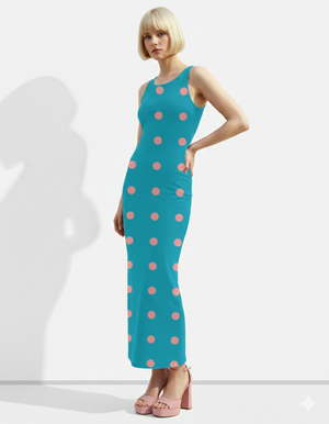 A sleeveless teal bodycon maxi dress decorated with soft pink polka dots for a fun, playful, and retro-inspired look.