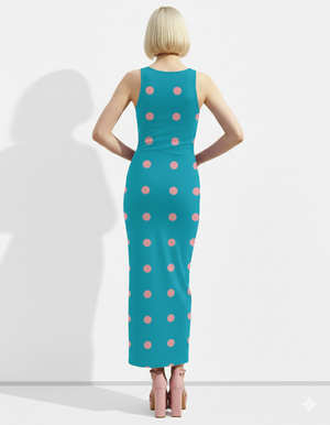 A sleeveless teal bodycon maxi dress decorated with soft pink polka dots for a fun, playful, and retro-inspired look.