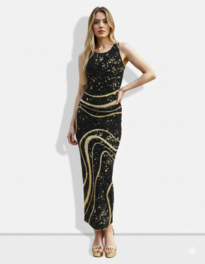 A sleeveless black bodycon maxi dress featuring flowing gold wave patterns and speckled accents for a luxurious, artistic statement.