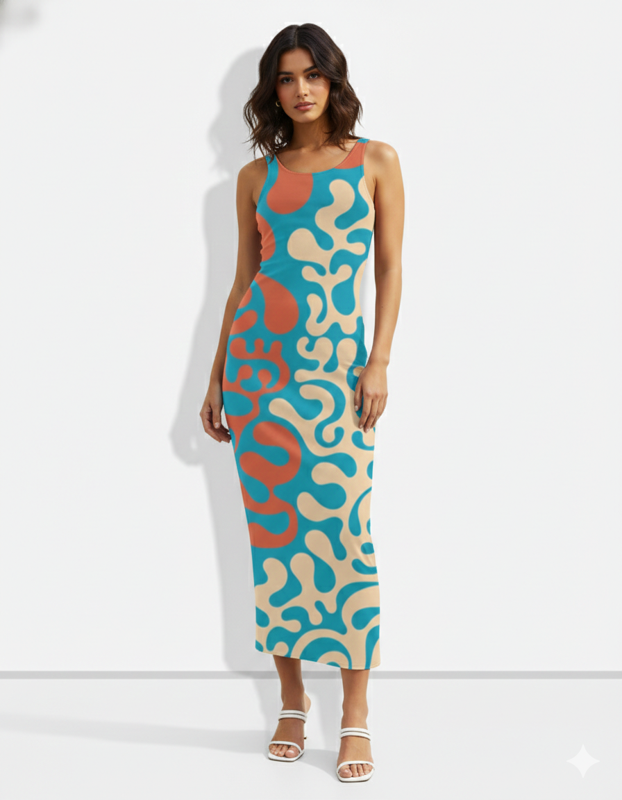 A sleeveless bodycon midi dress featuring a bold abstract swirl print in teal, coral, and beige for a modern, eye-catching look.