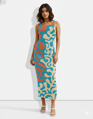 A sleeveless bodycon midi dress featuring a bold abstract swirl print in teal, coral, and beige for a modern, eye-catching look.