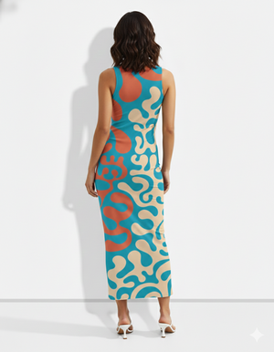 A sleeveless bodycon midi dress featuring a bold abstract swirl print in teal, coral, and beige for a modern, eye-catching look.