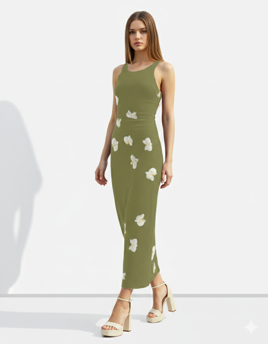 A sleeveless olive-green bodycon maxi dress adorned with delicate scattered white floral accents for a soft, natural, and elegant look.