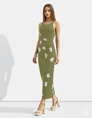 A sleeveless olive-green bodycon maxi dress adorned with delicate scattered white floral accents for a soft, natural, and elegant look.