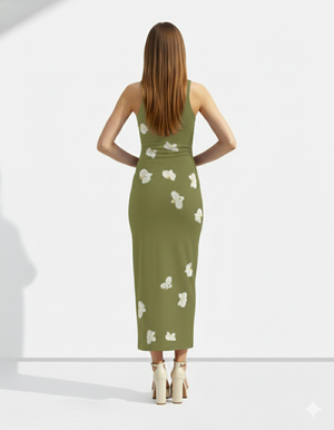 A sleeveless olive-green bodycon maxi dress adorned with delicate scattered white floral accents for a soft, natural, and elegant look.