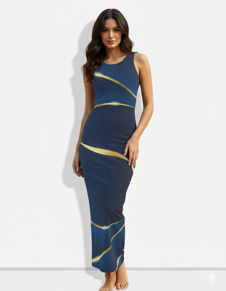 A sleeveless navy bodycon midi dress accented with elegant gold wave lines for a sleek, contemporary look.