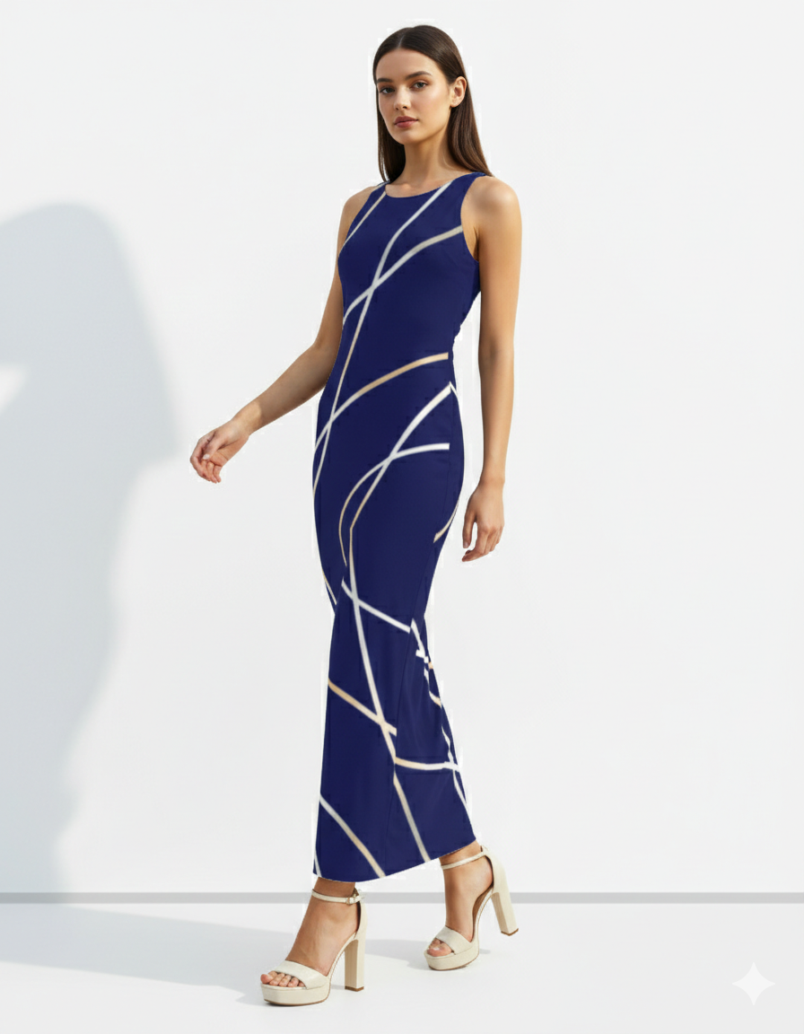 A sleeveless navy blue bodycon maxi dress featuring intersecting gold geometric lines for a chic, modern, and sophisticated look.