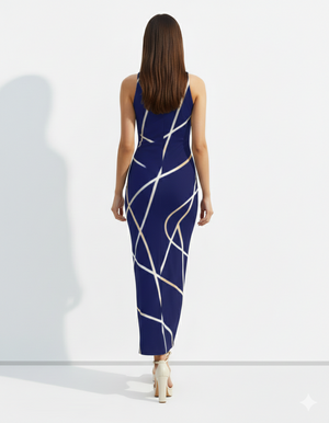 A sleeveless navy blue bodycon maxi dress featuring intersecting gold geometric lines for a chic, modern, and sophisticated look.