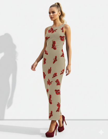 A sleeveless beige bodycon maxi dress embellished with scattered red floral prints for a bold yet elegant, nature-inspired look.