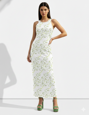 A sleeveless white bodycon maxi dress patterned with delicate green leaf motifs for a fresh, light, and nature-inspired look.