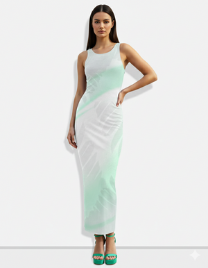 A sleeveless white bodycon maxi dress featuring soft mint-green abstract leaf washes for a serene, airy, and modern look.
