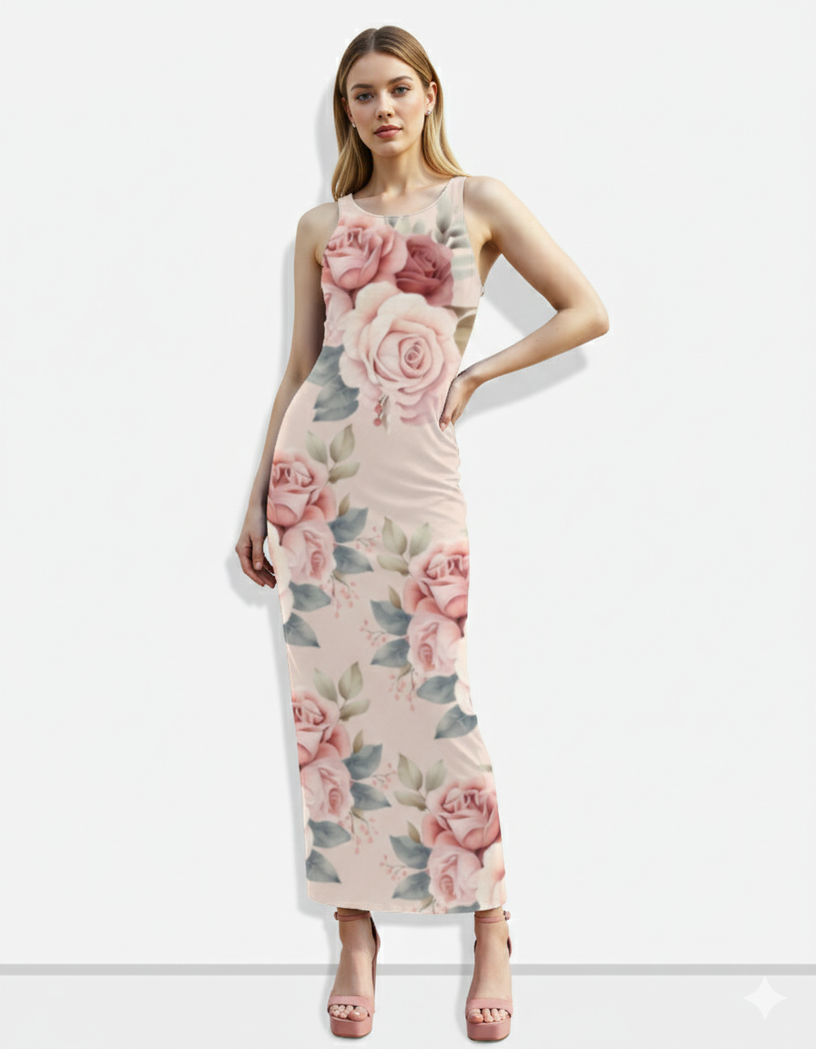 A sleeveless blush-toned bodycon maxi dress adorned with large soft pink rose prints for a romantic, feminine, and elegant look.