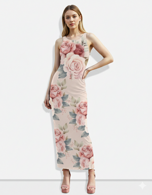 A sleeveless blush-toned bodycon maxi dress adorned with large soft pink rose prints for a romantic, feminine, and elegant look.