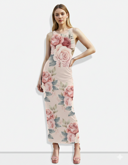 A sleeveless blush-toned bodycon maxi dress adorned with large soft pink rose prints for a romantic, feminine, and elegant look.