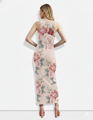 A sleeveless blush-toned bodycon maxi dress adorned with large soft pink rose prints for a romantic, feminine, and elegant look.