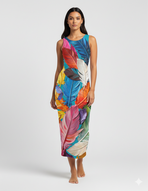 A sleeveless, bodycon midi dress adorned with a vibrant multicolor feather print, creating a bold and artistic statement silhouette.