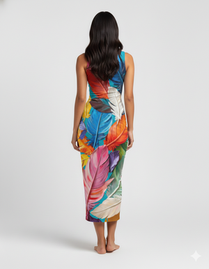 A sleeveless, bodycon midi dress adorned with a vibrant multicolor feather print, creating a bold and artistic statement silhouette.
