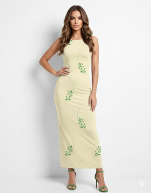 A sleeveless, fitted beige midi dress featuring subtle green leafy vine prints for a soft, minimal, nature-inspired look.