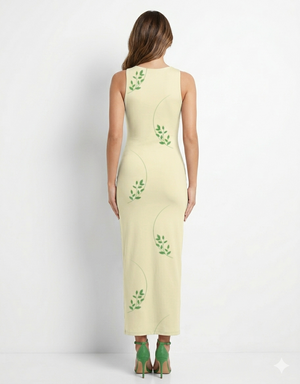 A sleeveless, fitted beige midi dress featuring subtle green leafy vine prints for a soft, minimal, nature-inspired look.