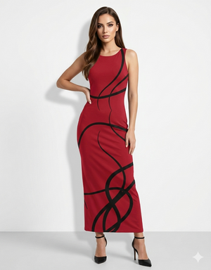 A sleeveless, fitted red midi dress featuring bold black abstract swirl lines for a striking, modern statement look.