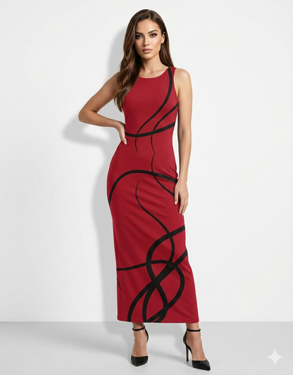 A sleeveless, fitted red midi dress featuring bold black abstract swirl lines for a striking, modern statement look.