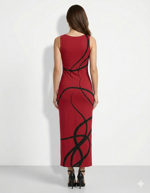 A sleeveless, fitted red midi dress featuring bold black abstract swirl lines for a striking, modern statement look.