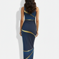 A sleeveless navy bodycon midi dress accented with elegant gold wave lines for a sleek, contemporary look.