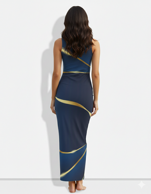 A sleeveless navy bodycon midi dress accented with elegant gold wave lines for a sleek, contemporary look.