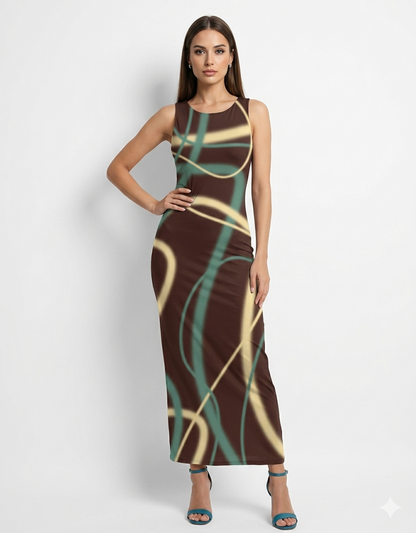 A sleeveless, bodycon maxi dress in deep brown featuring flowing abstract lines in beige and teal for a bold, contemporary look.