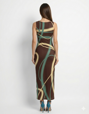 A sleeveless, bodycon maxi dress in deep brown featuring flowing abstract lines in beige and teal for a bold, contemporary look.