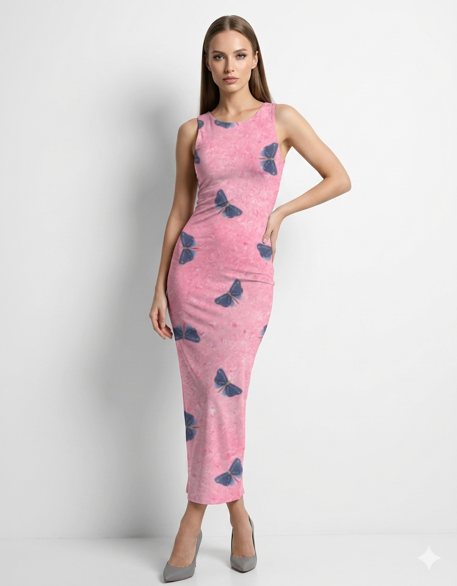 A sleeveless, fitted pink midi dress with a soft textured finish and scattered dark butterfly prints for a delicate, feminine look.
