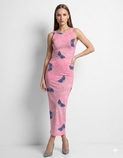 A sleeveless, fitted pink midi dress with a soft textured finish and scattered dark butterfly prints for a delicate, feminine look.