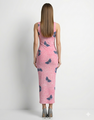 A sleeveless, fitted pink midi dress with a soft textured finish and scattered dark butterfly prints for a delicate, feminine look.