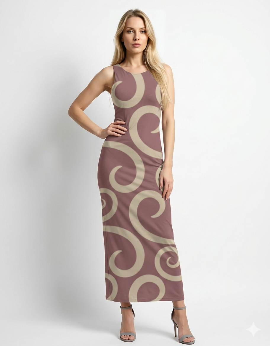 A sleeveless, body-hugging maxi dress in muted mauve with large abstract swirl patterns in beige, offering a sleek and modern look.