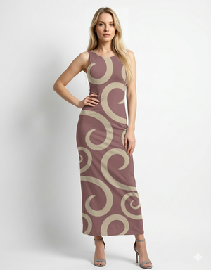 A sleeveless, body-hugging maxi dress in muted mauve with large abstract swirl patterns in beige, offering a sleek and modern look.