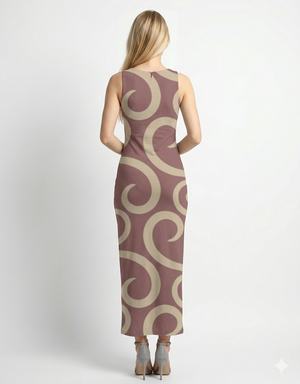 A sleeveless, body-hugging maxi dress in muted mauve with large abstract swirl patterns in beige, offering a sleek and modern look.