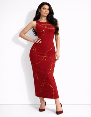 A sleeveless red bodycon maxi dress featuring flowing gold wave lines and scattered star-like accents for a festive, elegant look.