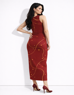 A sleeveless red bodycon maxi dress featuring flowing gold wave lines and scattered star-like accents for a festive, elegant look.